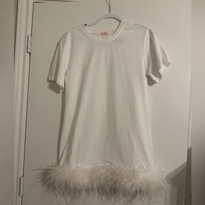 White T-Shirt Dress with Feather Hem